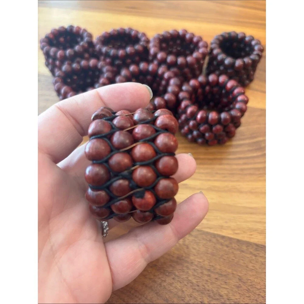 Crate & Barrel Mahogany Wood Red Beaded Napkin Rings Set of 8